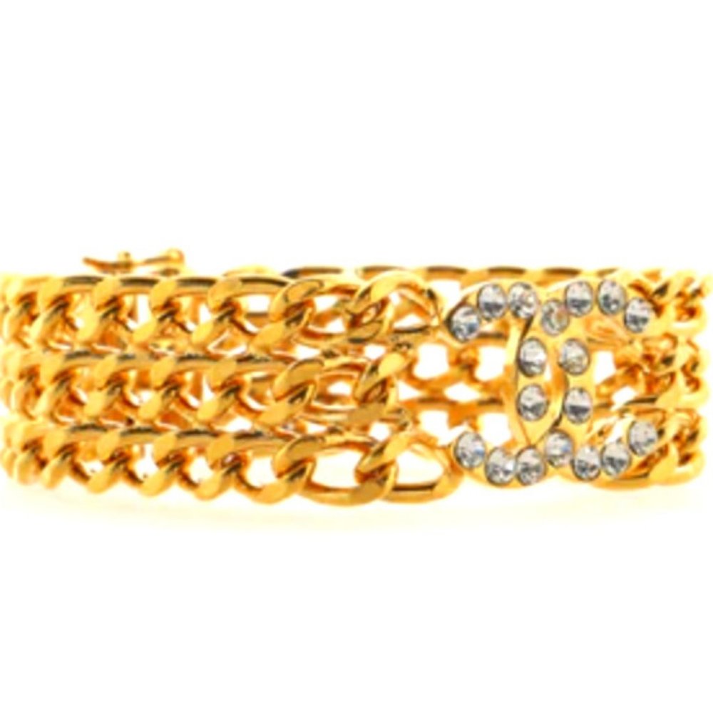 Auth CHANEL Gold Plated Triple Chain Links Coco CC Crystal Curb Bracelet Cuff